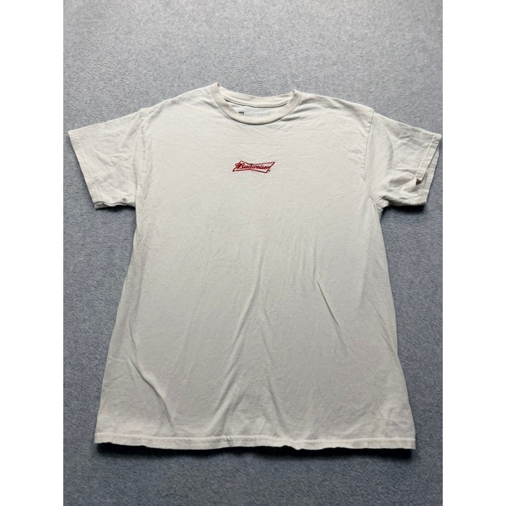 Budweiser Embroidered Logo T-Shirt Mens Large Cream Off White Short Sleeve Tee